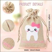 6pcs Adorable Linen Tooth Shape Drawstring Storage Pouch, Suitable For Gift Collection, Holidays & Parties - Flax - View 3