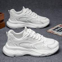 Men's 2025 New Arrival White Chunky Sneakers, Breathable Mesh Upper Low-Top Lace-Up Casual Sporty Shoes, Soft Sole Non-Slip Outdoor Running Shoes, Suitable For Workout, Commuting