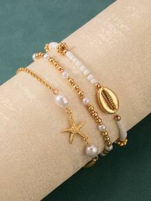3pcs/Set Summer Beach Vacation Rice Bead Chain Anklet, Fashionable Pearl Starfish Metal Chain Anklet Set - Style 1 - View 2