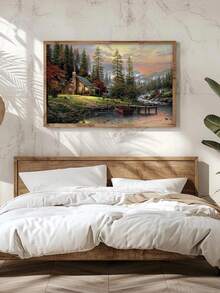1pc Canvas Wall Arts Poster A Cabin By The Lake In A Lush Forest With A Warm Glow From The Windows, Perfect For Creating A Cozy And Inviting Atmosphere In Any Space, Optional Framed