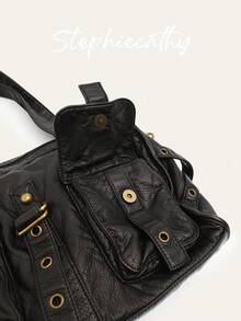 STEPHIECATHY Sac à main vintage pour femme  végétalien PU doux et lavé. Style de rue cool Y2K avec rivets, oeillets et ceinture. Grand sac à bandoulière à longue sangle avec grande capacité, convient pour un ordinateur portable de 13" et plusieurs poches. Idéal pour les déplacements quotidiens, les sorties et le collège. - Multicolore - Voir 8