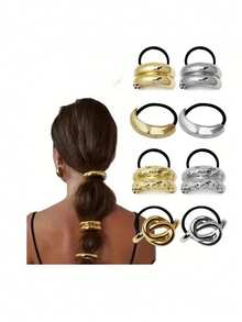 Bộ 10/8/6/5 chiếc dây buộc tóc kim loại tối giản, dây chun buộc tóc, phụ kiện tóc, dây chun làm đẹp tại nhà. - Nhiều màu - Xem 25