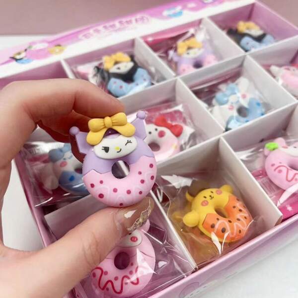 Sanrio 6pcs Sanrio Donut Shaped Erasers, Cute Cartoon Design School Supplies & Student Gifts, Stationery School Supplies,Back To School