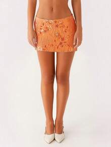 Womens Sequin Beaded Mini Skirt Y2k Sparkly Floral Low Rise Bodycon Short Skirt Pearl Embellished Slim Fit Pencil Skirt Micro Skirt Bling Glitter Rhinestone Going Out Skirts Party Club Streetwear - 橘色 - 查看 3