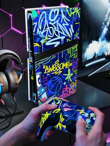 Juego de 4 piezas de piel de vinilo con estilo de graffiti para consola y controlador de juegos DISC Pro - Resistente a los arañazos, impermeable, a prueba de polvo - Envoltura de adhesivo con tema dinámico de graffiti de juegos genial - Multicolor - Ver 12