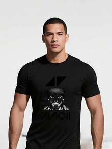 Hombres Playeras Negra Camiseta con Figura en Blanco y Negro en Estilo Sencillo - Negro - Ver 1