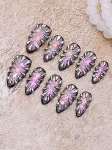 10 pezzi Unghie cromata per l'estate, unghie nere e argento in stile Y2K, kit di unghie acriliche con arte a linee 3D creativa, forma a mandorla media, glitter fatti a mano, set di unghie finte goth, accessori per unghie, design per unghie, unghie false rosa lucide cute per Ognissanti per donne e ragazze