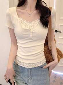 Women's Solid Color Button Half Placket Short Sleeve Casual T-Shirt, Summer