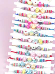 12pcs Assorted Girls Colorful Soft Clay Cartoon Braided Bracelets, Random Color & Style Mix Set