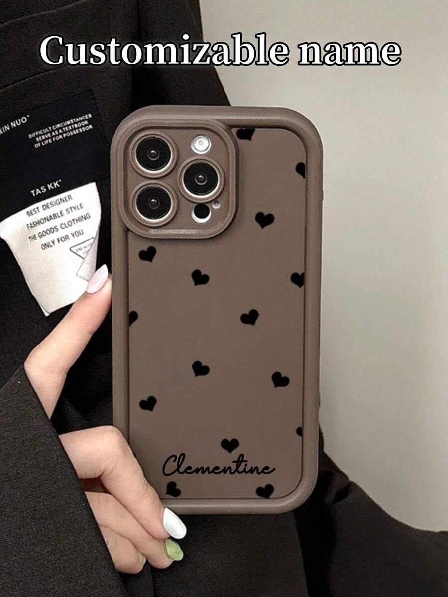 1pc Customized Name Phone Case, DIY Personalized Phone Case. Unique Black Heart Design, Suitable For Christmas, Mother's Day, Easter, Halloween Gifts. Compatible With Apple 16/15/14/13/12 Pro Max, A15/A25/A35/A55/S23/24 Ultra Series, Redmi, OPPO - Brown - View 1