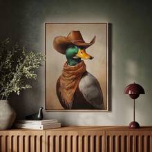 1/3 件牛仔鸭子壁画，西部野鸭肖像，乡村农舍装饰，有趣的动物印花，乡村鸭子帆布画，异想天开的牛仔画，无框/有框