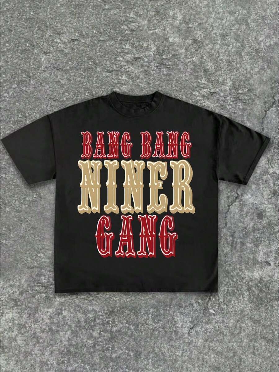 Unisex Casual T-Shirt With Bold "Bang Bang Niner Gang" Text Print Casual Soft Short Sleeve Pure Cotton 220gsm T - Shirt - Black - View 1