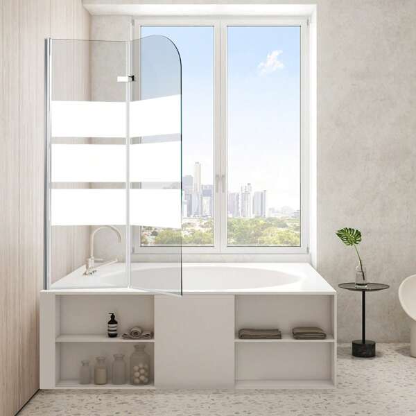 Lospitch 2-/3-teilige faltbare Duschtrennwand für Badewanne, 100x140cm/120x140cm, mit 6mm ESG Sicherheitsglas, Badewannenduschtrennwand silberfarben/weiß gestreift, Glas-Badewannenduschtrennwand mit Badewannenanschluss Schulanfang