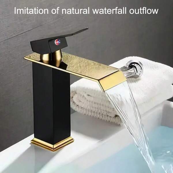 Bohemian Style Single Hole Bathroom Sink Faucet - Black And Gold Waterfall Spout With Valve, Temperature Control, Includes Installation Hardware For Bathroom Vanity Sink