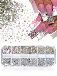 3D Flat Bottom Nail Rhinestones, Glass AB & Clear Crystal Nail Gems Set, DIY Nail Art Decorations