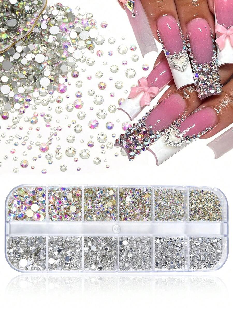 3D Flat Bottom Nail Rhinestones, Glass AB & Clear Crystal Nail Gems Set, DIY Nail Art Decorations