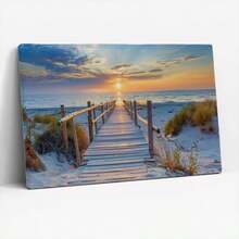 Impresión de arte de pared en lienzo con camino de madera en atardecer de playa - Decoración del hogar de paisaje de playa - Multicolor - Ver 1