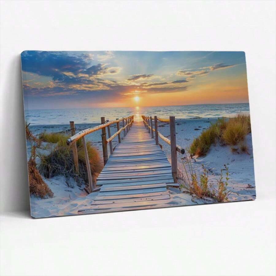 Impresión de arte de pared en lienzo con camino de madera en atardecer de playa - Decoración del hogar de paisaje de playa - Multicolor - Ver 1