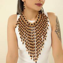 1 Set Di Collana e orecchini fatti a mano, a più strati, con nappine esagerate e perline, adatti per serate, vacanze, stile sud-est asiatico, bohémien, mediorientale, occidentale, retrò, raffinati
