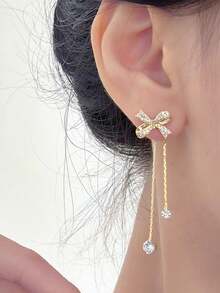 1 对可爱蝴蝶结设计流苏耳环，轻巧精致长款吊坠耳环，百搭清新风格女士珠宝 - 金黃色 - 查看 4