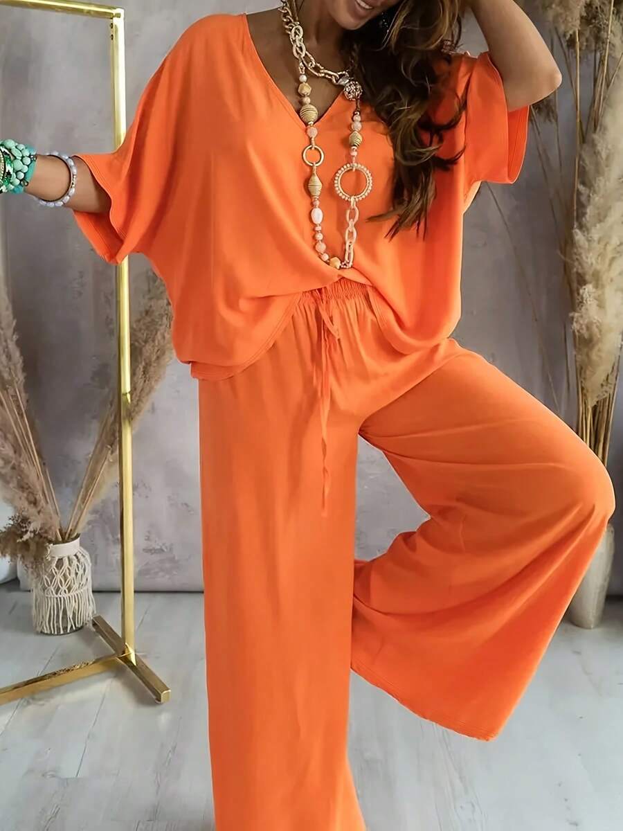 Women's Spring/Summer Clothing Solid Color V-Neck Bat Sleeve Casual Simple Loose Wide Leg Pants Set - 橘色 - 查看 1