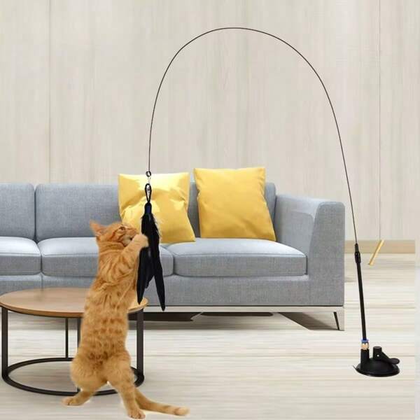 1pc Cat Toy Cat Teaser Long Rod Steel Wire Durable Natural Rooster Feather With Bell Self-Entertainment To Relieve Boredom And Interact With Cats Cat Toys Pet Supplies