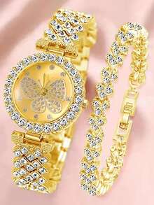 2pcs/Set Rose Gold Alloy Crystal Butterfly & Round Dial Quartz Watch And Crystal Heart Bracelet For Women, Suitable For Daily Wear, Graduation Gift