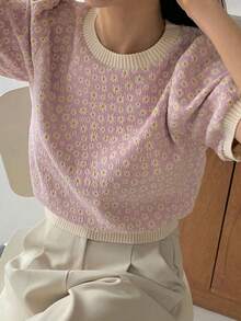 圆领短款泡泡袖雏菊印花针织上衣，适合夏季返校季女士穿着 - 紫色 - 查看 8