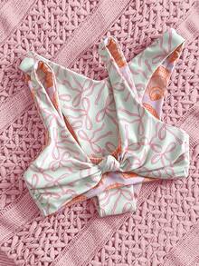 Summer 2pcs Women Bikini Set, Bow & Shell Double-Sided Printing Design, Reversible, Adjustable Wide Straps Twist Swimsuit Top And Mid-Waist Swimshorts, Suitable For Pool Party And Beach Vacation