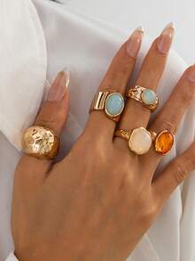 5pcs/Set Fashionable Acrylic Rings, Lightweight Luxury Asymmetrical Alloy Rings Suitable For Parties, Gifts, And Daily Wear - Multicolor - View 3