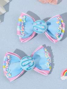 2个/套 女孩蓝色缎带蝴蝶结发夹，彩虹条纹丝带蝴蝶结，冰淇淋造型可爱发饰，适合生日派对、日常佩戴、春夏 - 彩色 - 查看 8