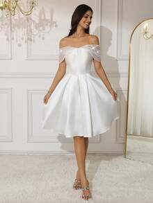 女士露肩亮片缎面返校节礼服，短款 A 字形礼服舞会礼服，返校节、婚礼、毕业典礼、派对、鸡尾酒会 - 白色 - 查看 8