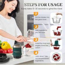 Feizsmile Siekacz/robot kuchenny o pojemności 8 filiżanek, szklana misa o pojemności 1,2 l, do mięsa, warzyw, owoców i orzechów, silnik miedziany i 4-ostrzowe ostrza ze stali nierdzewnej, 300 W, KD-815G - Ciemnozielony - Zobacz 12