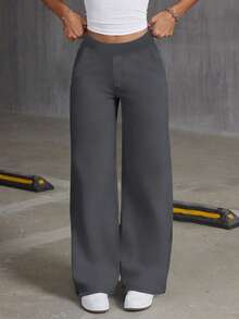 1pc Teen Girls Loose Simple Outdoor Exercise Pocket Straight Leg Pants, Spring/Summer/Autumn - Grey - View 2