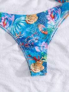 Sexy Random Print Halter Two-Piece Bikini Swimsuit For Summer Beach Vacation - Blue - View 3