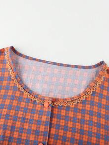 2pcs/Set Women's Pajamas Loungewear, Open Front Lace Patchwork Plaid Print Short Sleeve Top, 3/4 Length Pants With Ruffle Hem, Comfortable For Home Wear - Coral Orange - View 6