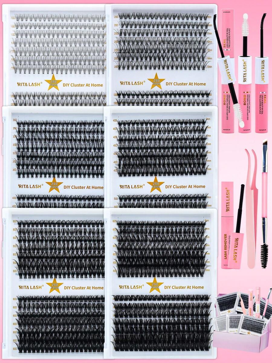 RITALASH 280pcs D Curl Christmas Gift Cluster Lash Kit DIY Eyelash Extensions Long Individual Lashes Mixed Tray Lash Clusters Extensions DIY Cluster Lash At Home With Bond And Seal Applicator Cluster Lash Remover And Lash Brush - Black - View 1