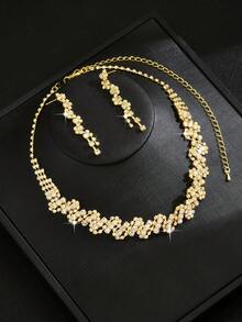 Women Jewelry Set Necklace Earrings 3pcs Geometric Pattern Party Elegant Bridal Wedding Accessories Valentine's Day Accessories - Gold - View 3