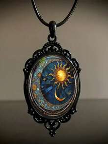 1pc Gothic-Style Oval Glass Pendant Necklace - Charming Sun And Moon In Black Frame Women Jewelry Necklace, Suitable For Daily And Holiday Wear - Black - View 1