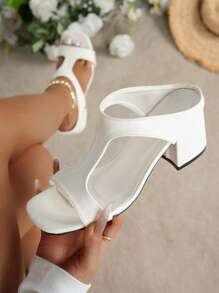 Sandalias de tacón grueso con tira en T para mujer, sandalias de tacón alto con punta cuadrada