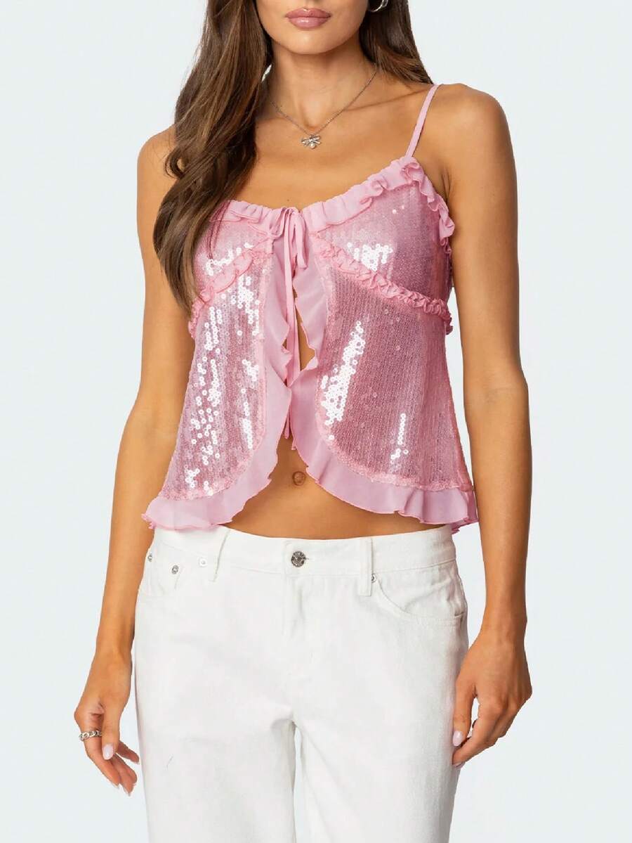 Women Y2k Sequin Cami Top Sparkly Sleeveless Backless Halter Top Summer Going Out Top Glitter Camisole Clubwear - 粉色 - 查看 1