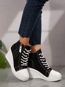 Novos Sapatos de Lona de Cano Alto Primavera Outono 2025, Sapatos Plataforma Casuais, Sapatos de Salto Interno para Mulheres Estudantes