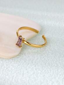 1 pièce Bague de pierre de naissance en zircone pour femme, en acier inoxydable couleur or, bague ajustable minimaliste, cadeau de bijouterie pour Noël et anniversaire