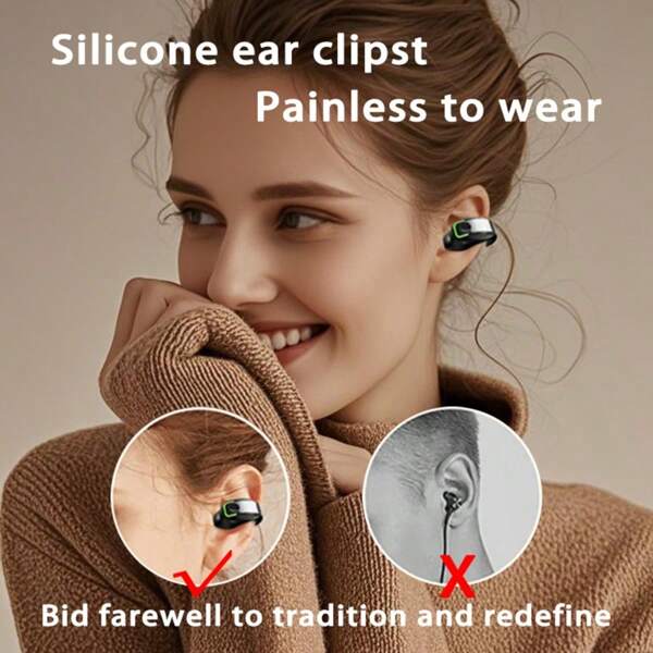[Estilo deportivo y de negocios de moda] Auricular Bluetooth monoaural con gancho para la oreja, uso no intrusivo e indoloro, gancho de silicona para la oreja, cancelación de ruido HD, batería de larga duración, a prueba de sudor y ajuste seguro para fitness, conducción, juegos, viajes, auriculares con clip para la oreja en negro/blanco/beige