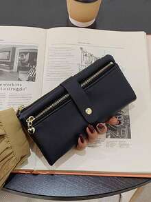 Women's Long 3-Fold Zipper Wallet Multifunctional Card Holder Clutch With Multiple Card Slots For Women Wallet Long Wallet Purse Wallet Keychain Wristlet Wallet - Black - View 2