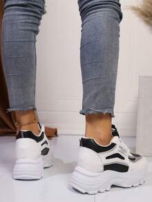 新款春秋季隐形跟透气休闲厚底白色运动鞋，舒适厚底运动鞋 - 黑色 - 查看 4