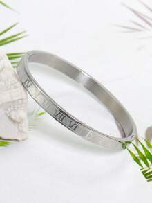 18K Gold Plated Stainless Steel Floral Bangle Bracelet, Suitable For Women's Daily Wear, Classic Flower And Roman Numeral Rivet Design, Waterproof, European And American Style, Casual, Wedding, Party, Valentine's Day Gift - Multicolor - View 14