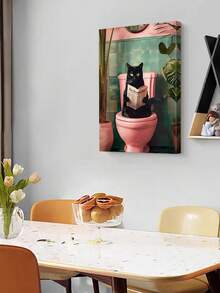 1pc Black Cat Bathroom Wall Art Poster, Abstract Cat Reading Newspaper With Modern Plant Pattern Colorful Canvas Poster Print Decor, Suitable For Living Room Bedroom, Frame Optional - Multicolor - View 11