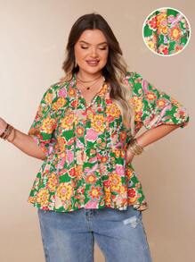 Plus Size Women Casual Floral Print Ruffle Collar Tie Waist 3/4 Lantern Sleeve A-Line Blouse Shirt, For Summer