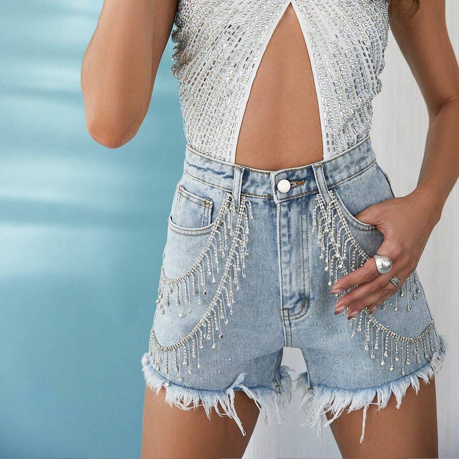 Women's Denim Rhinestone Shorts, To Create A Fashionable And Glamorous Look, The Perfect Blend Of Casual And Sophisticated, Fashionable Elements To Show The Charm Of Wearing - Light Blue - View 1
